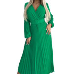 504-4 VIVIANA Plisowana sukienka midi z dekoltem, długim rękawkiem i szerokim paskiem - JASNA ZIELEŃ